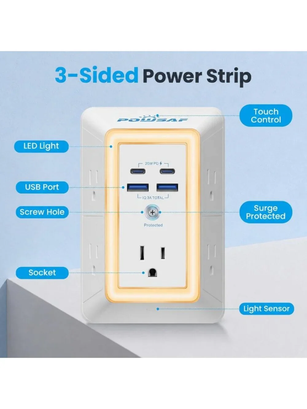 5-Outlet Surge Protector Power Strip with 4 USB Ports & Night Light - ETL